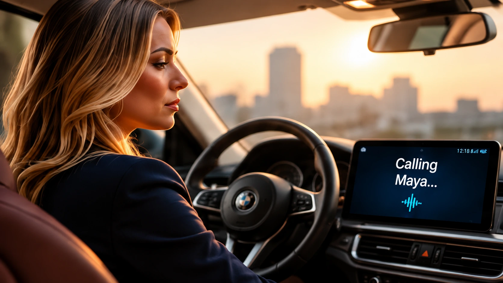 Zakelijke professional belt Maya vanuit de auto om details direct vast te leggen