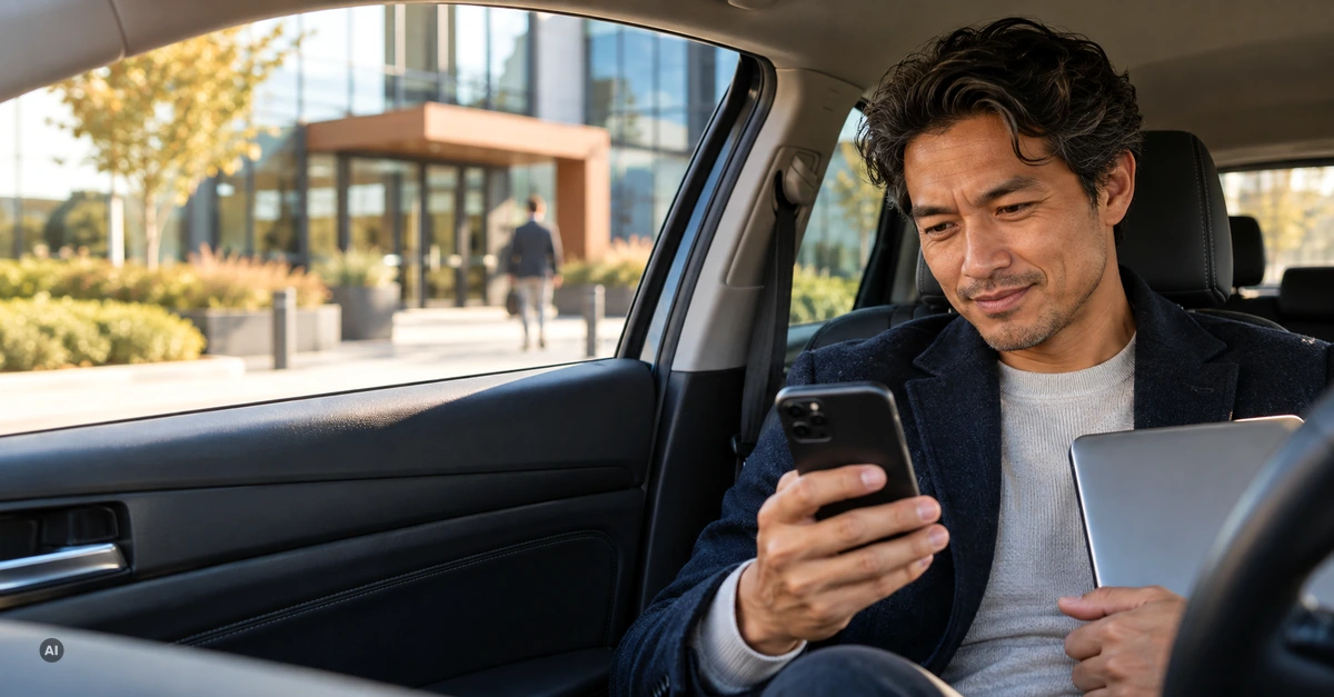 Independent professional prepares for a client meeting on his phone in a parked car