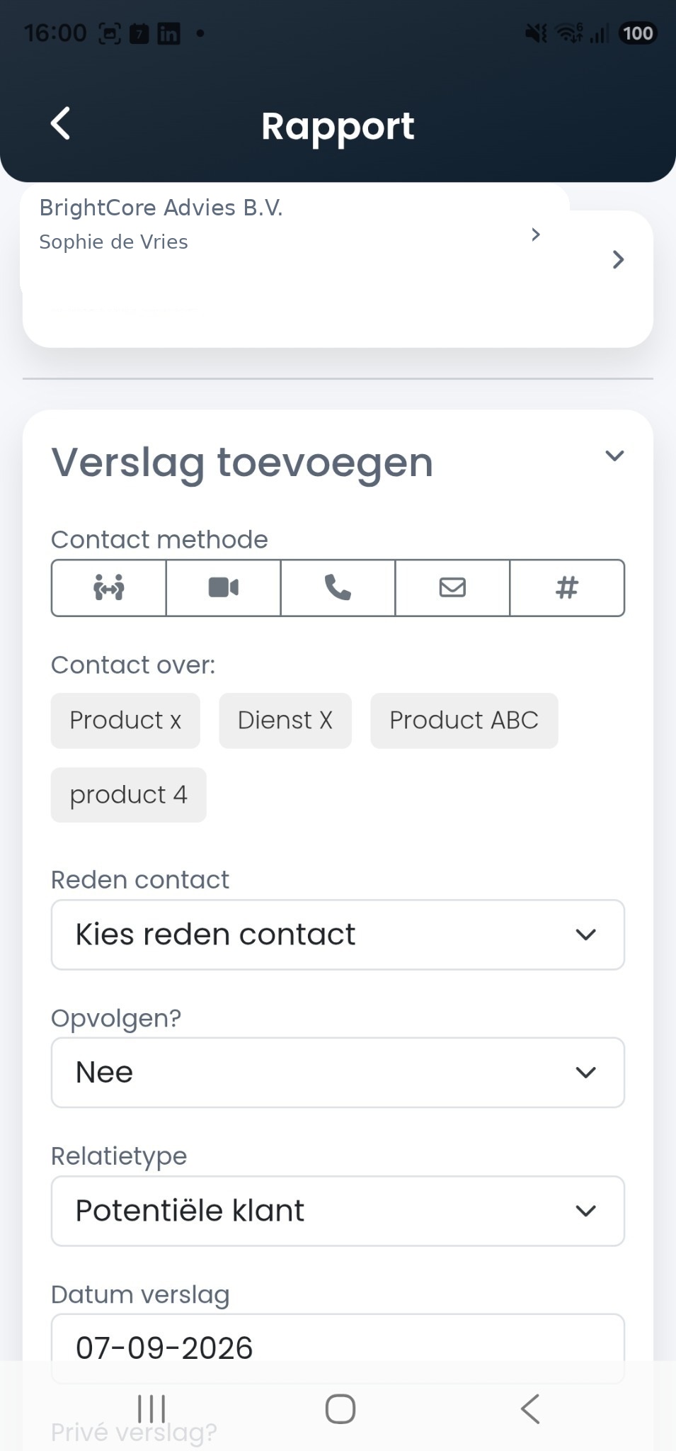 Fictief klantgesprek vastgelegd in Bizzi-B
